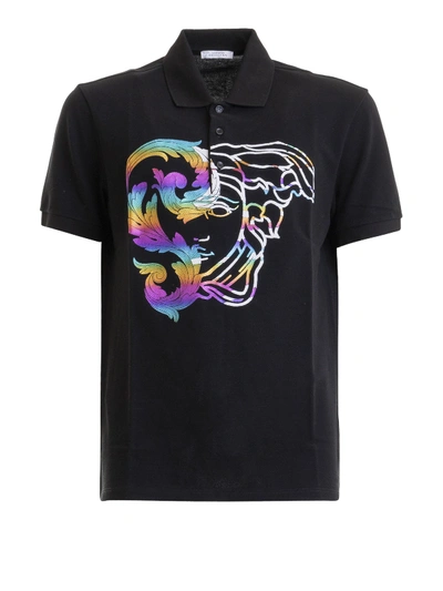 Versace Multicolour Print Polo Shirt In Black