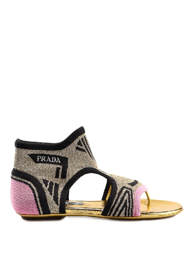 Prada Multicolour Knitted Cotton Thong Sandals In Black