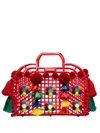Dolce & Gabbana Red Gomma + Ricamo Pom-pom Embellished Leather Trim Tote Bag