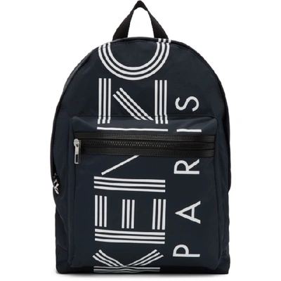 Kenzo Logo Black Nylon Large Backpack In 76 Navy