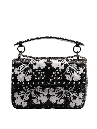 Valentino Garavani Rockstud Spike M Flower Intarsia Leather Bag In Black