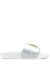 Giuseppe Zanotti Laminated Leather Slides With Signature In Silver
