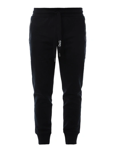 Dolce & Gabbana Logo Embroidered Cotton Fleece Sweat Pants In Dark Blue