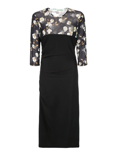 Off-white Floral Panelled Tight Dress In Black
