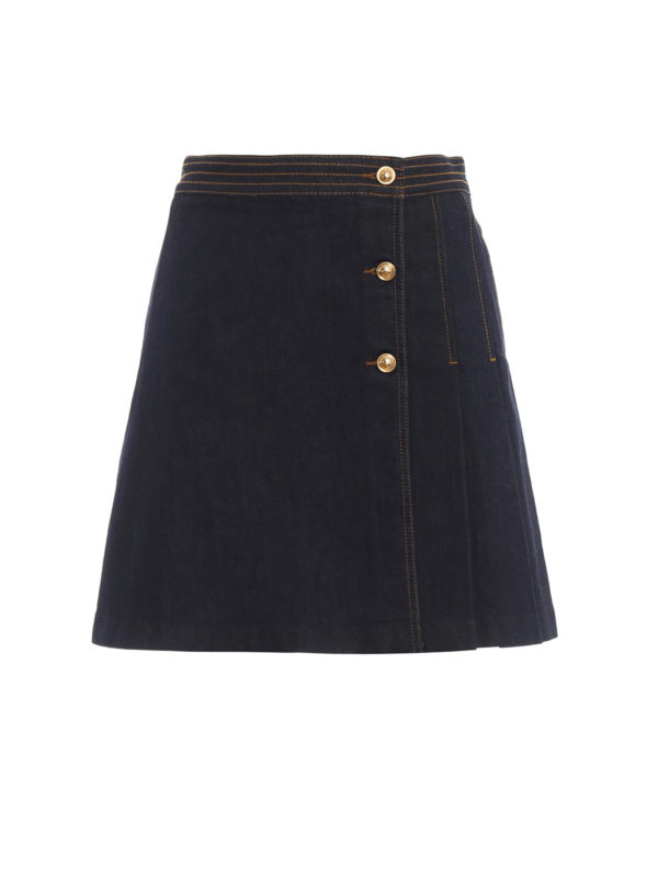 Tory Burch Denim Pleated Mini Wrap Skirt In Dark Wash | ModeSens