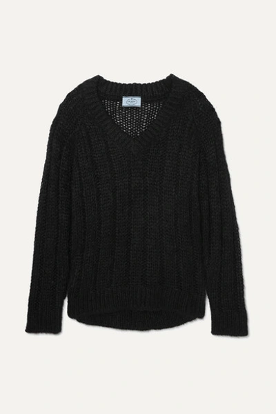 Prada Black Ribbed Mohair And Wool V Neck Sweater