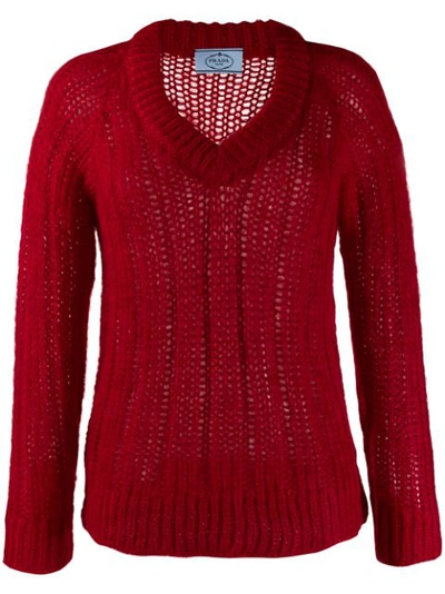 Prada Red Ribbed Mohair And Wool V Neck Sweater