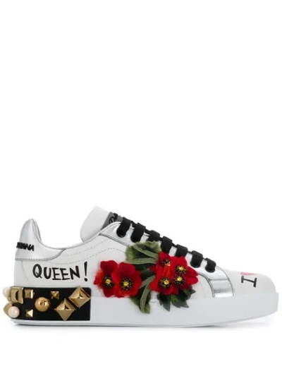 Dolce & Gabbana Printed Calfskin Nappa Portofino Sneakers With Geranium Embroidery In White