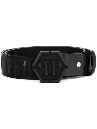 Philipp Plein Smooth Leather Pp Buckle Statement Belt In Black