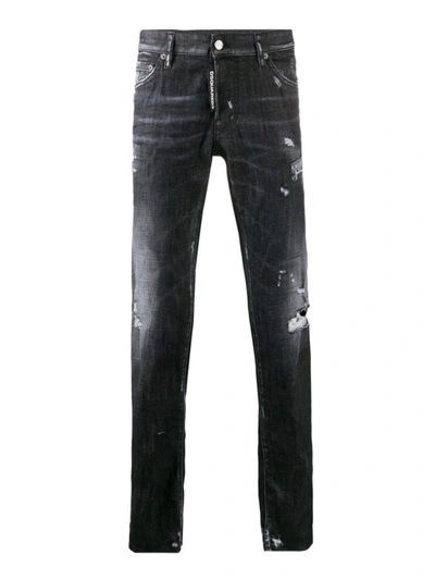 Dsquared2 Slim Logo Detailed Ripped Cotton Jeans In Black