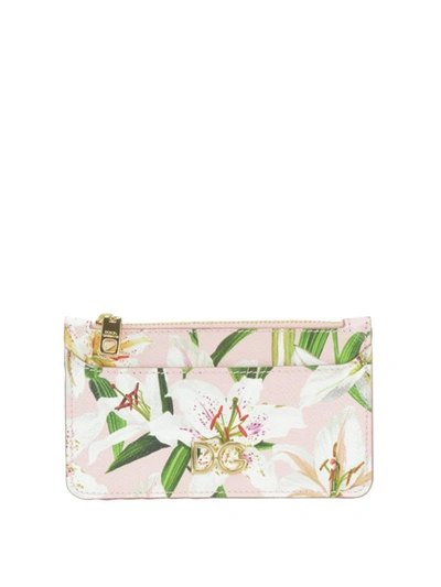 Dolce & Gabbana Lilium Print Leather Top Zip Card Holder In Light Pink