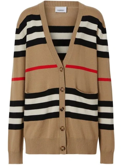 Burberry Scioto Icon Stripe Merino Wool Cardigan In Light Brown