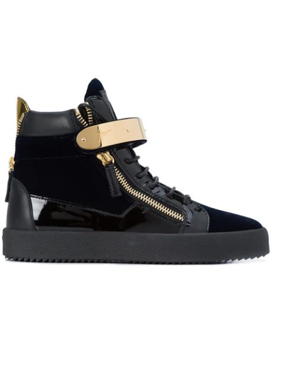 Giuseppe Zanotti Men's Velvet High-top Sneaker With Golden Bar, Navy