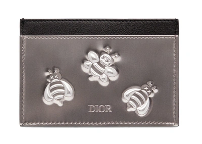 Pre-owned Dior  X Kaws Card Holder Calfskin Bee Print Silver Black