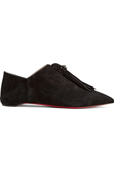 Christian Louboutin Medinana Fringed Suede Collapsible-heel Slippers In Black