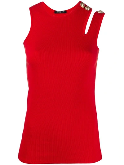 Balmain Cut-out Shoulder Tank Top In Red