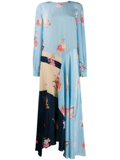 Preen Line Selena Asymmetric Color-block Floral-print Crepe De Chine Midi Dress In Blue