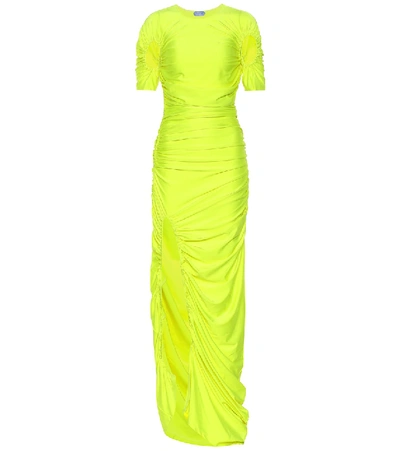 Mugler Short Sleeve Cut Out Ruched Dress In Yellow