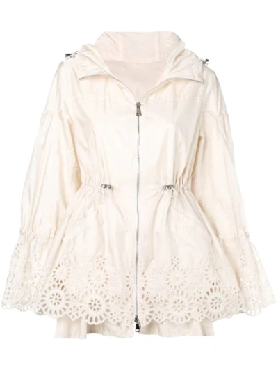 Moncler 'brazzaville' Floral Lace Trim Drawstring Waist Hooded Parka In Neutrals
