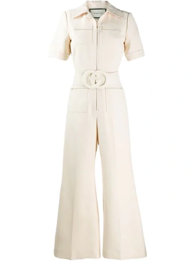 Gucci Gg Logo Belted Jumpsuit In Neutrals