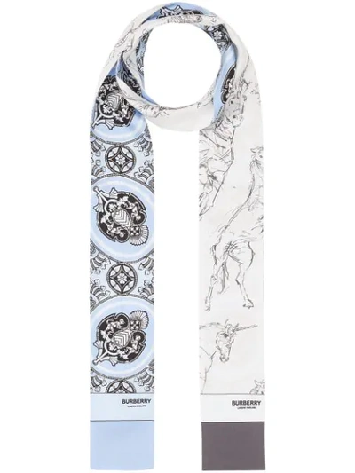 Burberry Unicorn Sketch And Antique Print Silk Skinny Scarf In Blue
