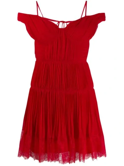 Self-portrait Off-the-shoulder Pleated Chiffon Mini Dress In Red-drk