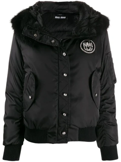 Miu Miu Hooded Puffer Logo Jacket In Black