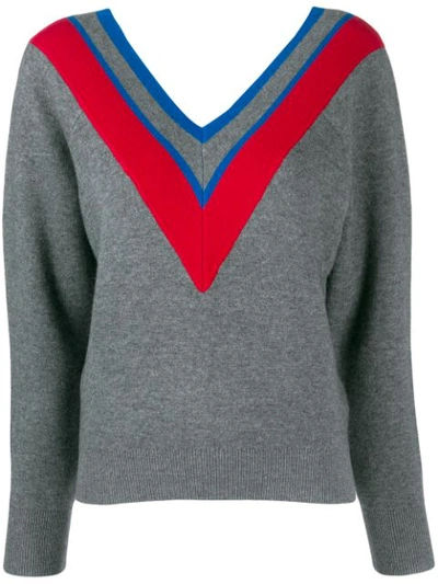 Sandro Stripey Varsity Stripe V-neck Sweater In Gray