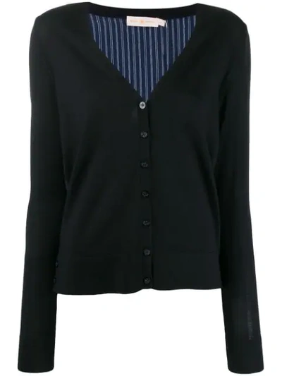 Tory Burch Striped Trim Cardigan In Medium Navy