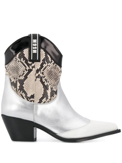 Msgm Snakeskin Effect Cowboy Boots In Silver