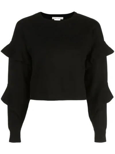 Alice And Olivia Nettie Ruffle-sleeve Crewneck Sweater In Black