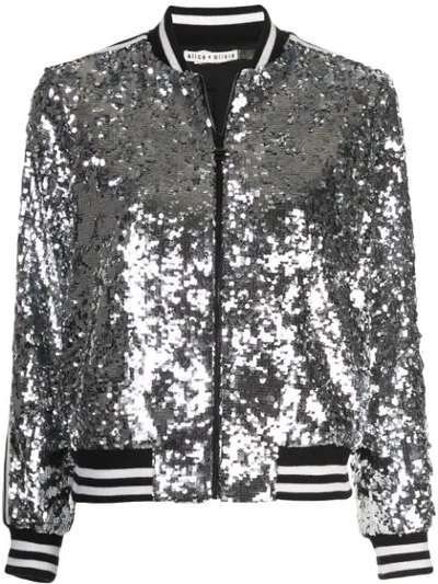 Alice And Olivia Lonnie Sequin Cropped Bomber Jacket In Silver