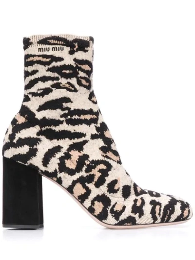 Miu Miu Leopard Knit Booties In Honey