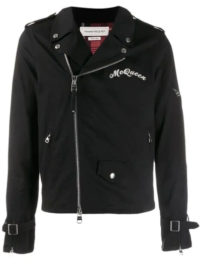 Alexander Mcqueen Logo Embroidered Denim Biker Jacket In Black