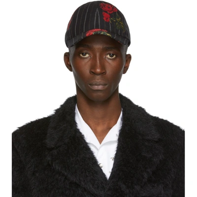 Alexander Mcqueen Rose Pinstripe Baseball Cap In Black/red