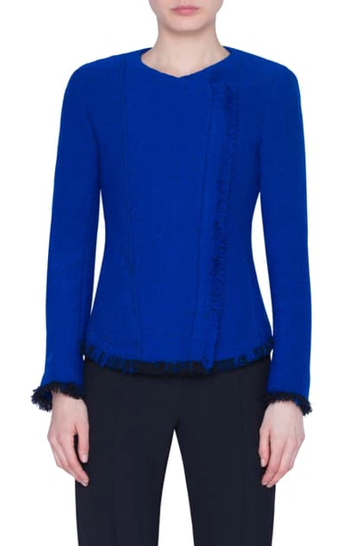 Akris Punto Fringe Trim Asymmetrical Zip Tweed Jacket In Electric Blue