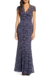 Eliza J Embroidered Lace Trumpet Gown In Navy