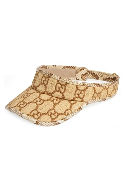 Gucci Afraa Genuine Cobra Trim Gg Embroidered Raffia Visor - Brown In Ivory/ Dk.brown