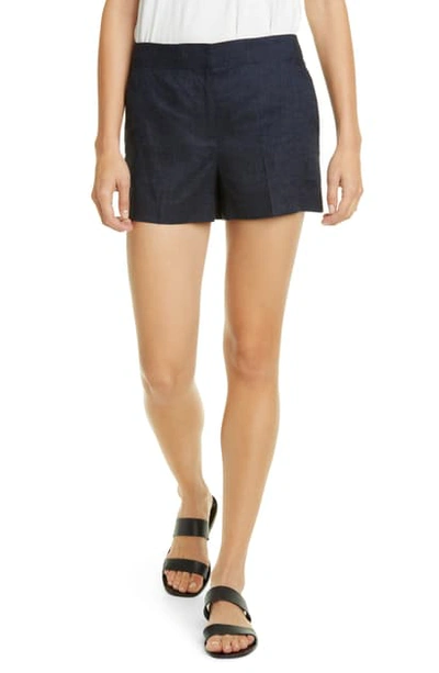 Theory Flat Front Linen Blend Shorts In Navy Melange