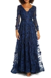 Mac Duggal Long-sleeve Lace Applique A-line Gown In Midnight