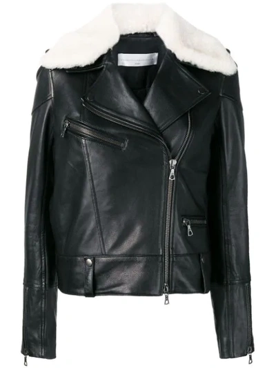 Victoria Beckham Shearling Collar Biker Jacket In Black