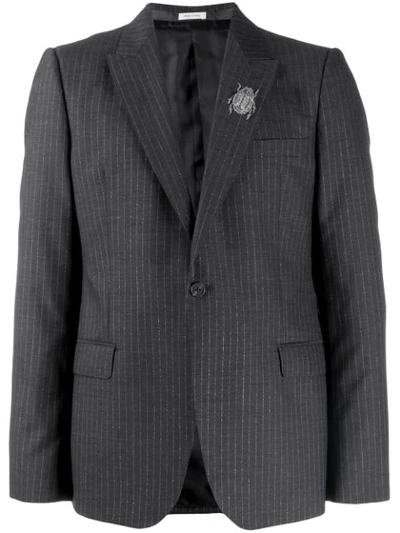 Alexander Mcqueen Insect Embellished Pinstriped Blazer In Grey