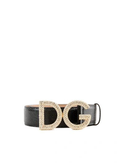 Dolce & Gabbana Iguana Print Leather Jeweled Belt In Black