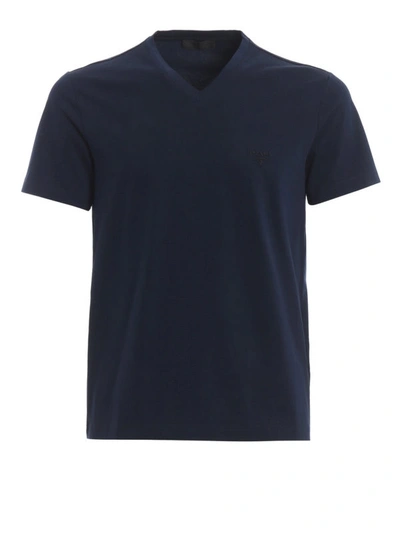 Prada Logo Embroidery Stretch Cotton V Neck T-shirt In Dark Blue