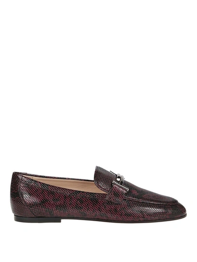 Tod's Python Effect Leather Double T Loafers In Burgundy