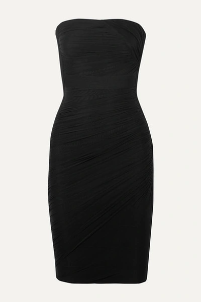 Herve Leger Strapless Ruched Mesh And Bandage Dress In Black