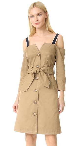 off shoulder trench dress