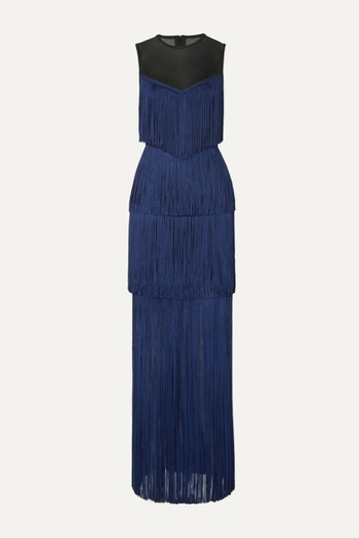 Herve Leger Tulle-paneled Fringed Bandage Gown In Midnight Blue