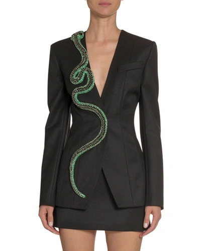 Andrew Gn V-neck Wool Jacket W/ Snake Embroidery In Black/green