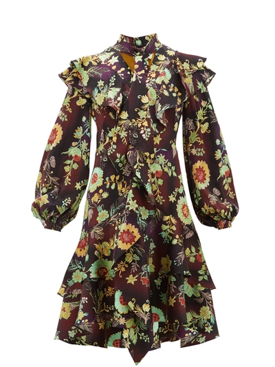Peter Pilotto Ruffled Stretch Silk Floral Dress In Brown Multi